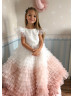 White Pink Ruffle Tulle Feather Flower Girl Dress